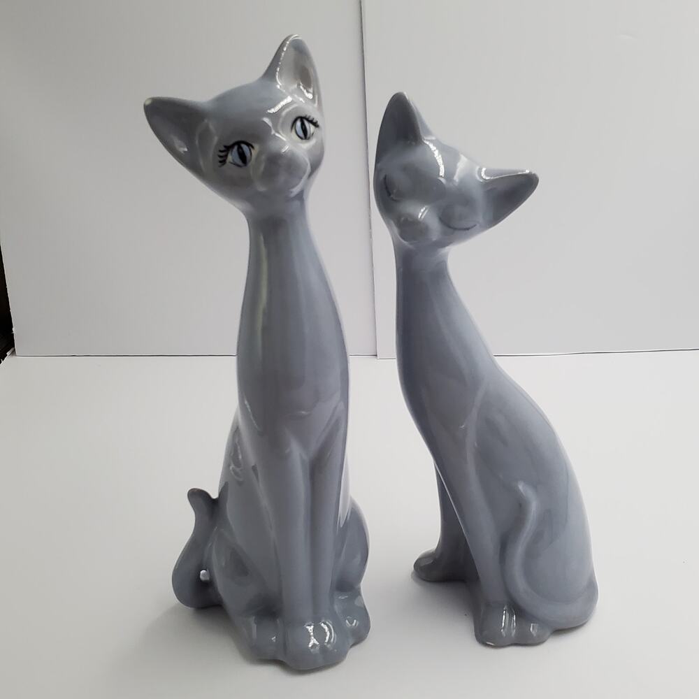 Vintage Otagiri Siamese Cats Gray Blue Figurine Japan Porcelain Long Neck Pair